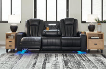 Load image into Gallery viewer, Center Point Black Reclining Sofa with Drop Down Table