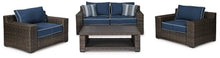 Load image into Gallery viewer, Grasson Lane Brown/Blue Outdoor Loveseat, 2 Lounge Chairs and Coffee Table image