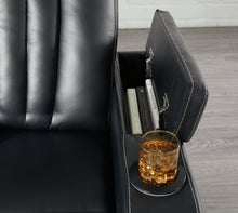 Load image into Gallery viewer, Center Point Black Reclining Sofa with Drop Down Table
