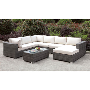 Somani Light Gray Wicker/Ivory Cushion U-Sectional + Coffee Table