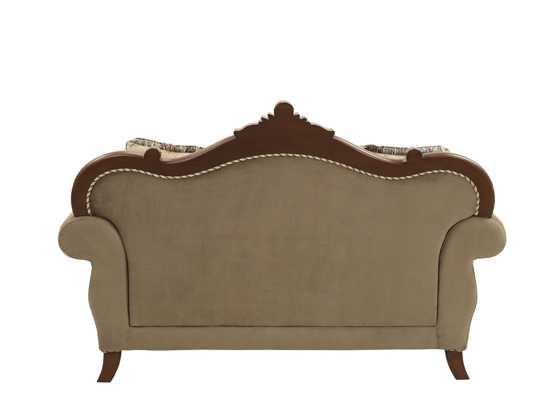 Mehadi Velvet & Walnut Loveseat w/6 Pillows