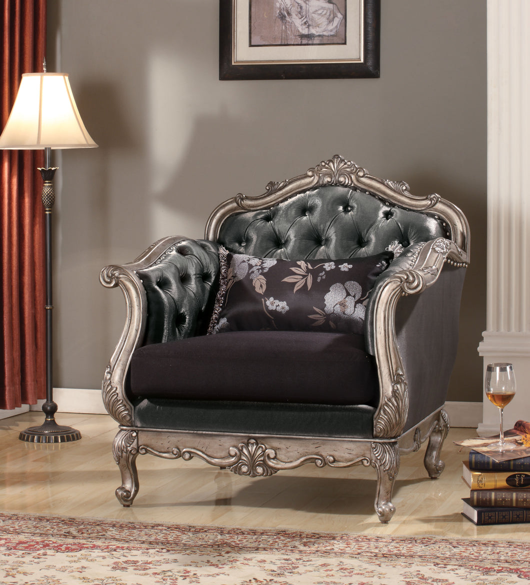 Chantelle Silver Gray Silk-Like Fabric & Antique Platinum Chair & Pillow