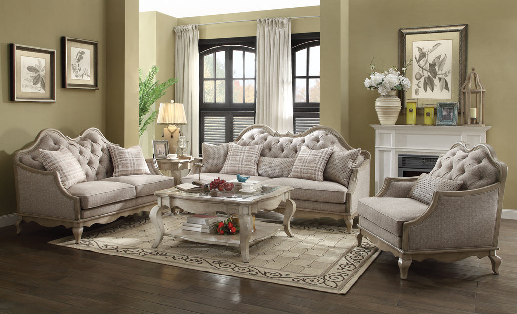 Chelmsford Beige Fabric & Antique Taupe Sofa w/5 Pillows