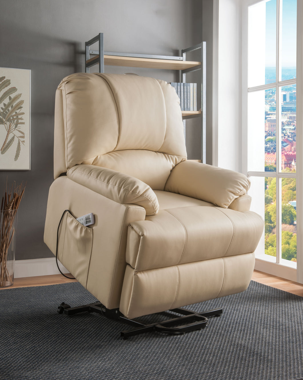 Ixora Beige PU Recliner w/Power Lift & Massage