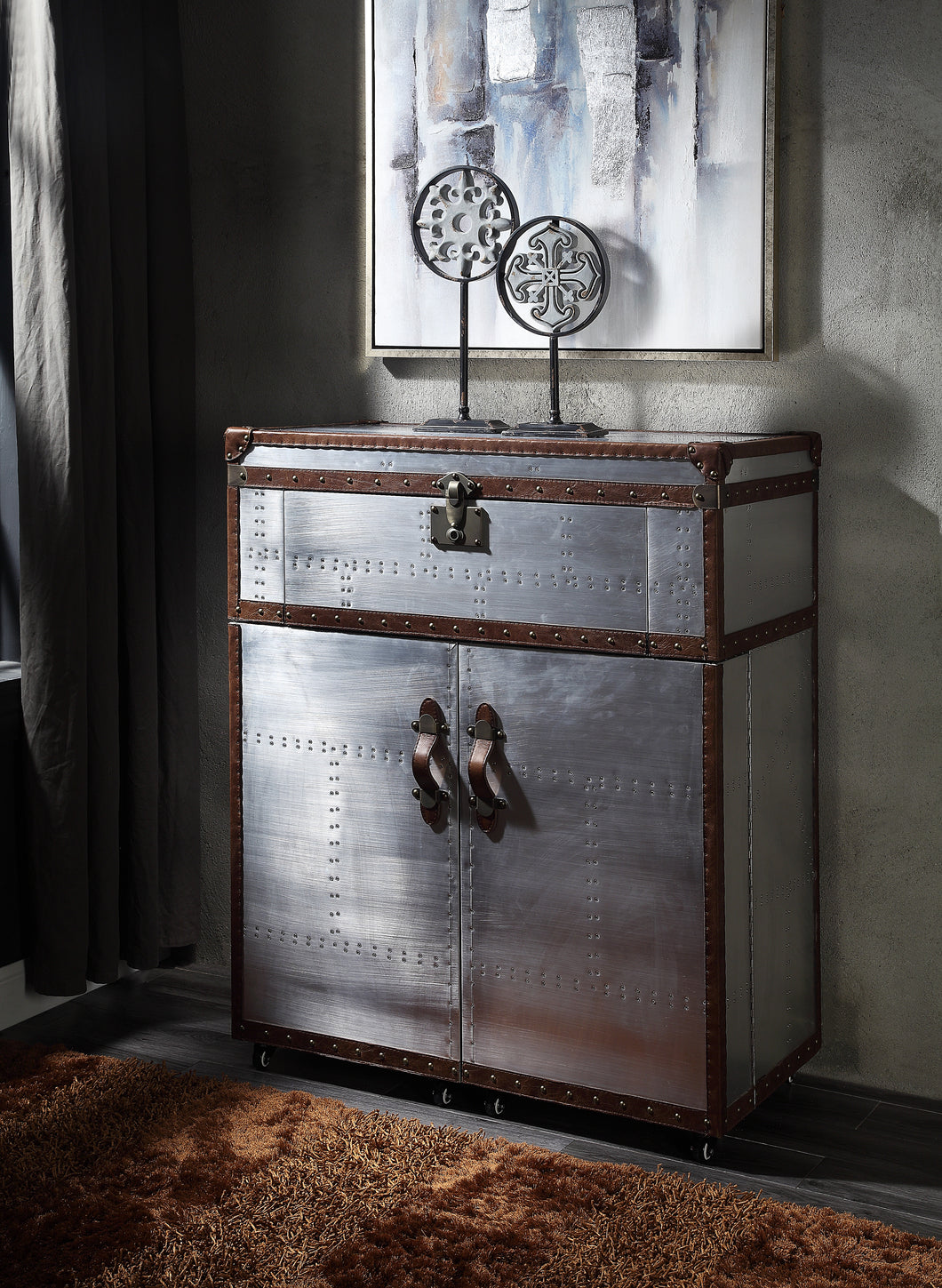 Brancaster Retro Brown Top Grain Leather & Aluminum Console Table