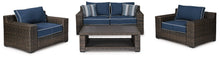 Load image into Gallery viewer, Grasson Lane Brown/Blue Outdoor Loveseat, 2 Lounge Chairs and Coffee Table image
