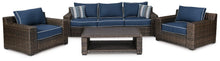Load image into Gallery viewer, Grasson Lane Brown/Blue Outdoor Sofa, 2 Lounge Chairs and Coffee Table image
