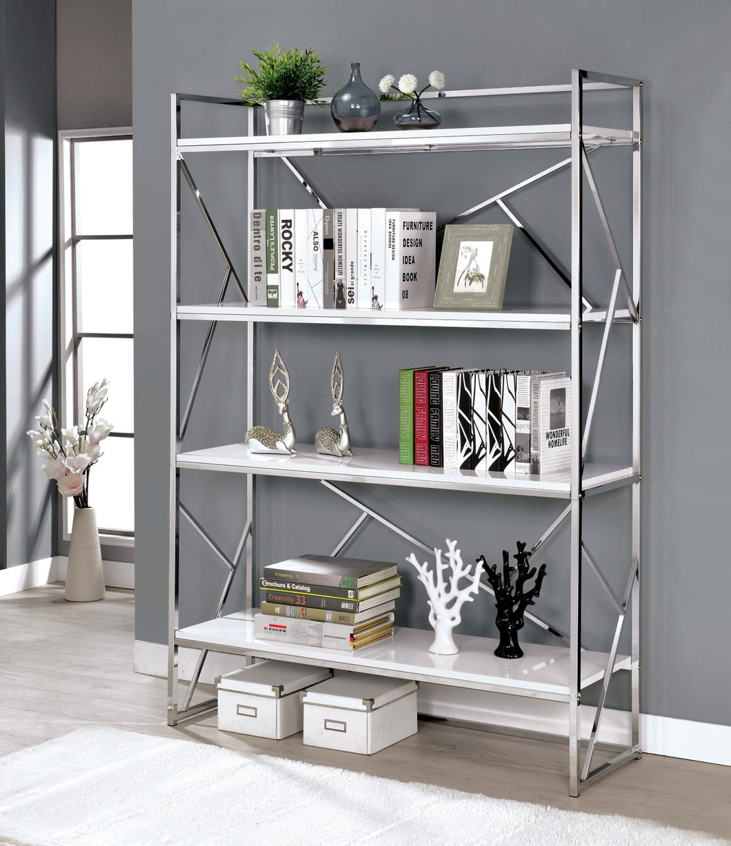 Gustav White/Chrome Bookcase