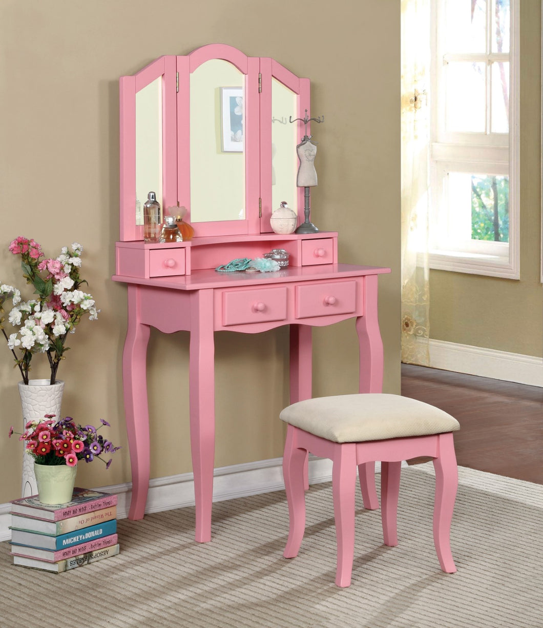 Janelle Pink Vanity w/ Stool