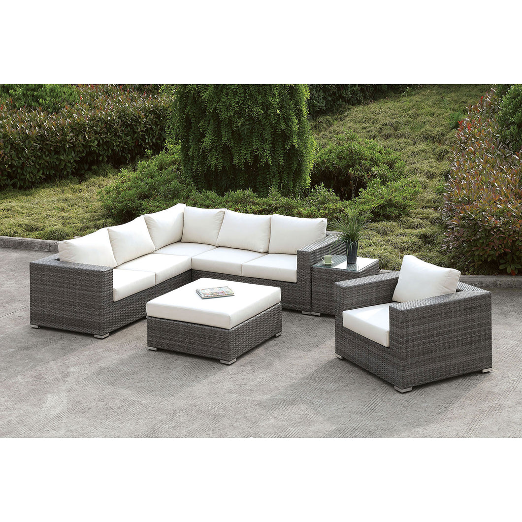 Somani Light Gray Wicker/Ivory Cushion L-Sectional + Chair + Coffee Table + End Table