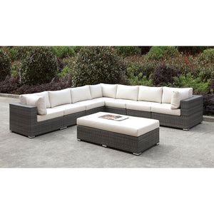 Somani Light Gray Wicker/Ivory Cushion Large L-Sectional + Bench