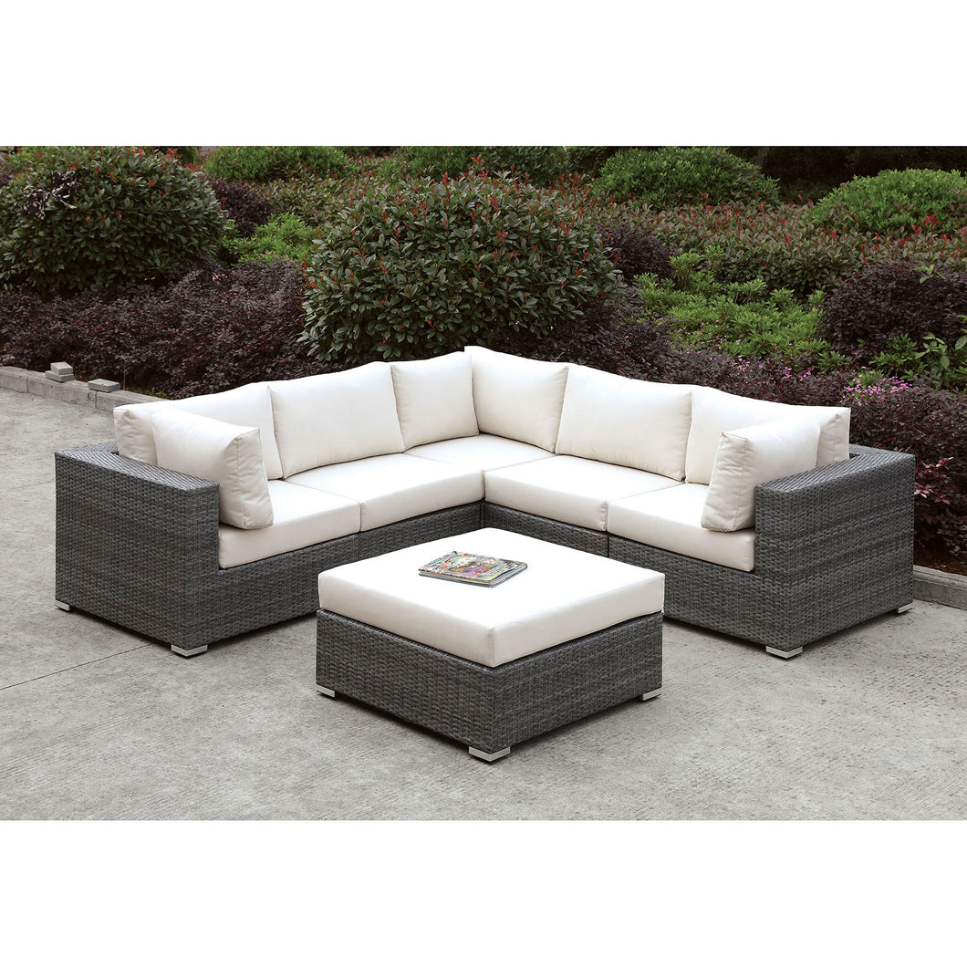 Somani Light Gray Wicker/Ivory Cushion L-Sectional + Ottoman