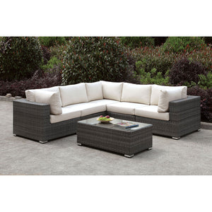 Somani Light Gray Wicker/Ivory Cushion L-Sectional + Coffee Table