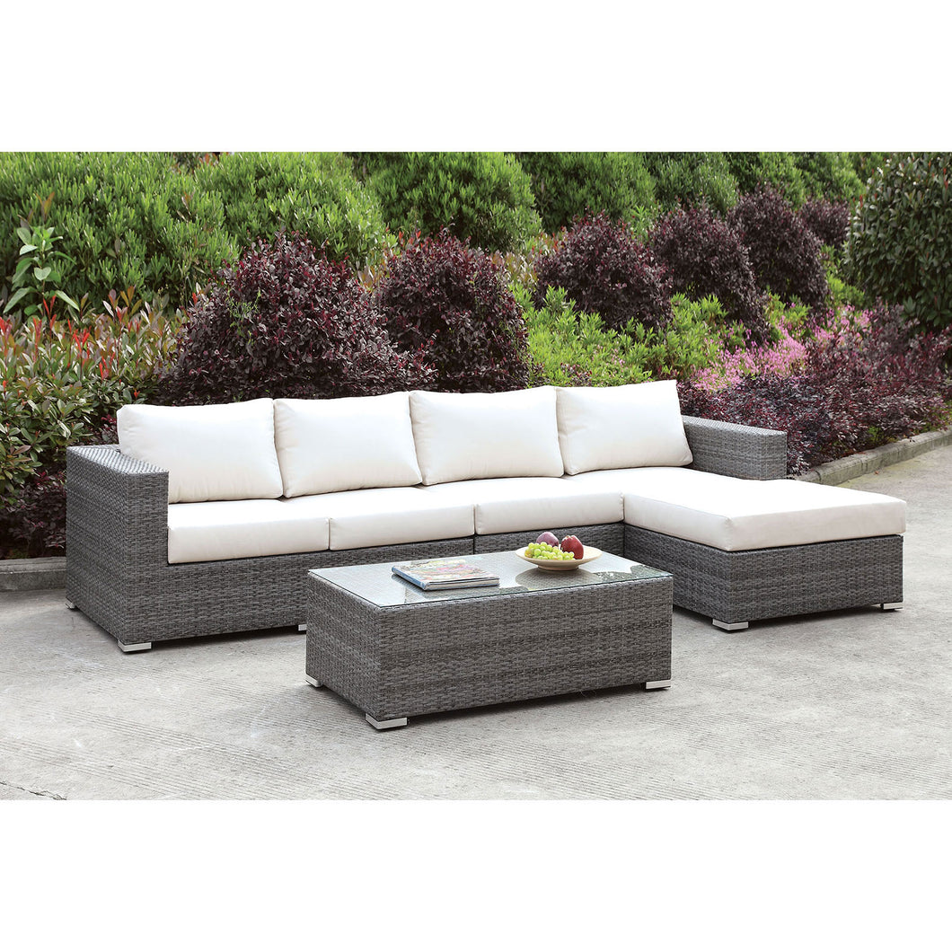 Somani Light Gray Wicker/Ivory Cushion L-Sectional w/ Right Chaise + Coffee Table