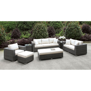 Somani Light Gray Wicker/Ivory Cushion 3 Pc Set + 2 End Tables + Ottoman + Bench