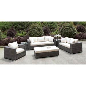 Somani Light Gray Wicker/Ivory Cushion 3 Pc Set + Bench + 2 End Tables