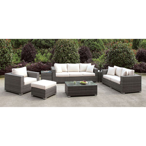 Somani Light Gray Wicker/Ivory Cushion 3 Pc Set + Ottoman + Bench + 2 End Tables