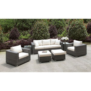 Somani Light Gray Wicker/Ivory Cushion Sofa+2 Chairs+2 End Tables+2 Small Ottomans