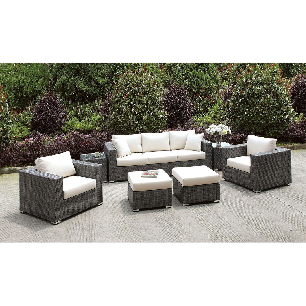 Somani Light Gray Wicker/Ivory Cushion Sofa+2 Chairs+2 End Tables+2 Small Ottomans