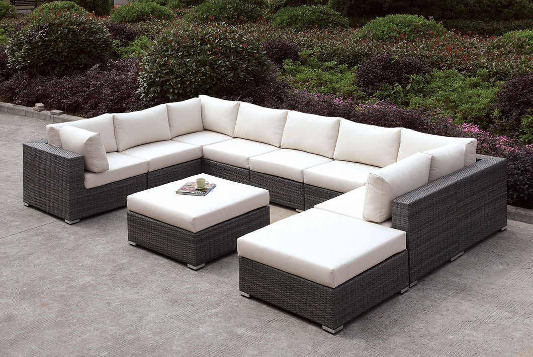 Somani Light Gray Wicker/Ivory Cushion U-Sectional + Ottoman