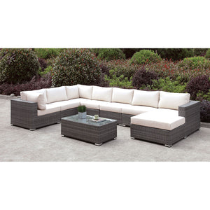 Somani Light Gray Wicker/Ivory Cushion U-Sectional + Coffee Table