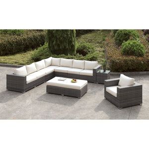 Somani Light Gray Wicker/Ivory Cushion L-Sectional + Chair + Ottoman