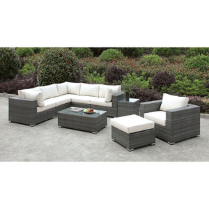 Somani Light Gray Wicker/Ivory Cushion L-Sectional + Chair + Ottoman + Coffee Table