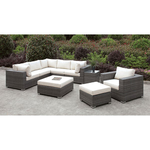 Somani Light Gray Wicker/Ivory Cushion L-Sectional + Chair + 2 Ottomans