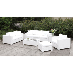 Somani Light Gray Wicker/Ivory Cushion L-Sectional + Large Ottoman + End Table + Chair + Ottoman