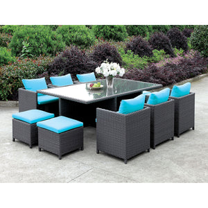 Ashanti Light Brown Wicker/Turquoise Cushion 11 Pc. Patio Dining Table Set