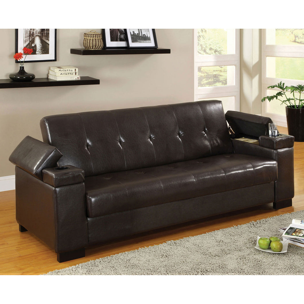 Logan Espresso Leatherette Futon Sofa w/ Storage