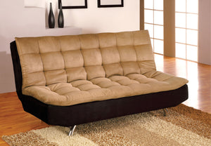 Mancora Tan/Black/Chrome Microfiber Futon Sofa, Camel & Black