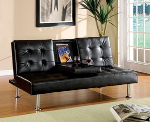 Orinda Black/Chrome Leatherette Futon Sofa w/ Flip-Down Center Table