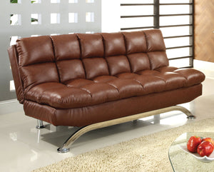 Aristo Saddle Brown/Chrome Leatherette Futon Sofa, Saddle Brown