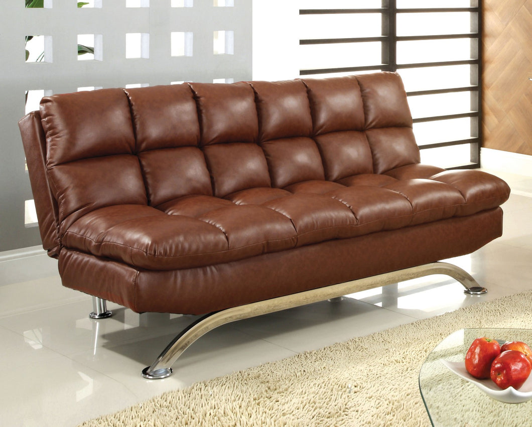 Aristo Saddle Brown/Chrome Leatherette Futon Sofa, Saddle Brown