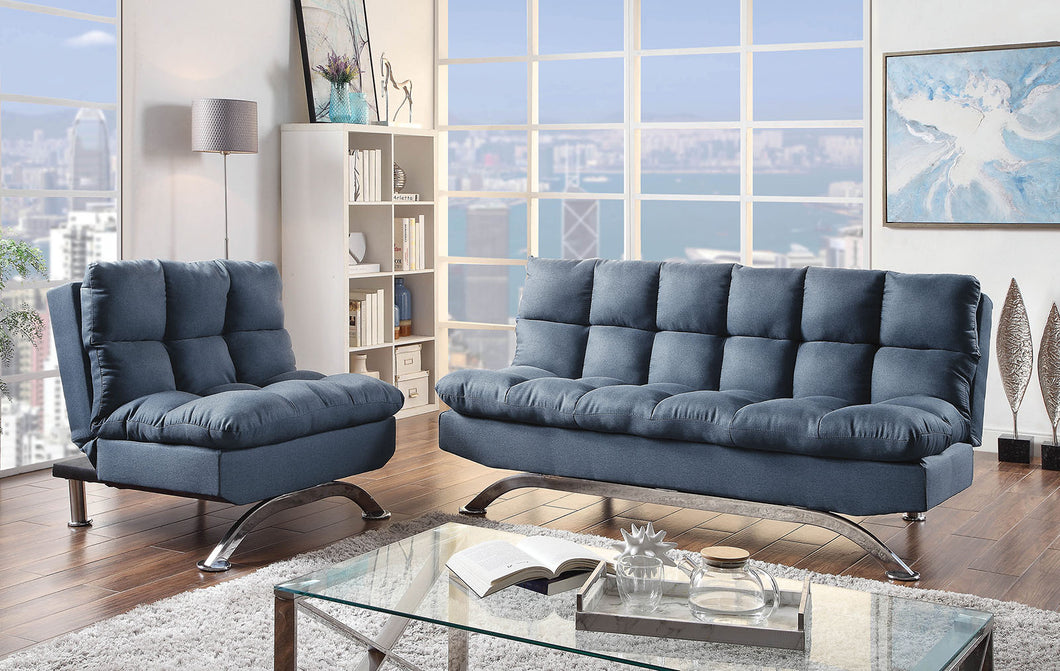 Aristo Blue Futon Sofa + Chairs