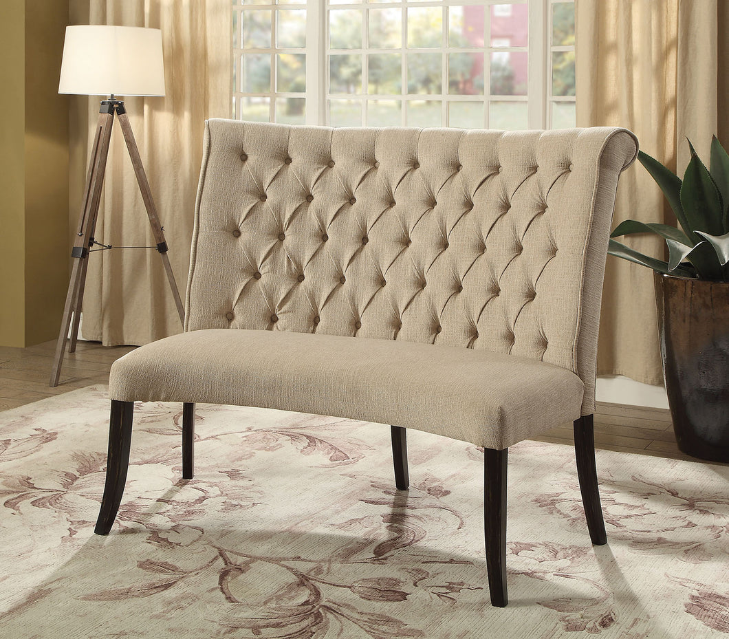 Nerissa Beige/Antique Black Round Love Seat Bench, Ivory Fabric