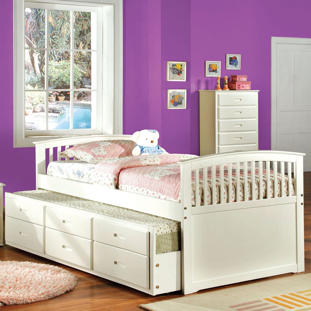 Bella White Captain Twin Bed w/ Trundle + 3 Drawers