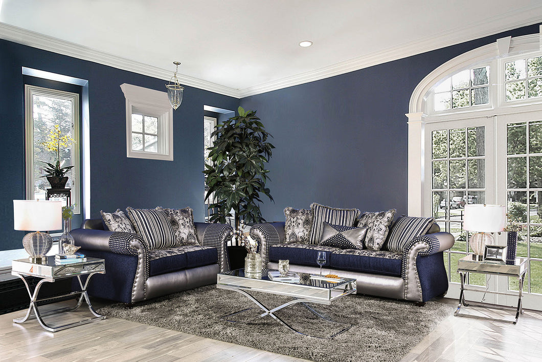 Katarina Navy/Silver Sofa + Love Seat