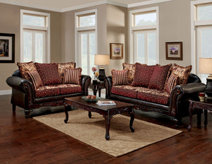 ELLIS Brown, Burgundy Sofa + Love Seat