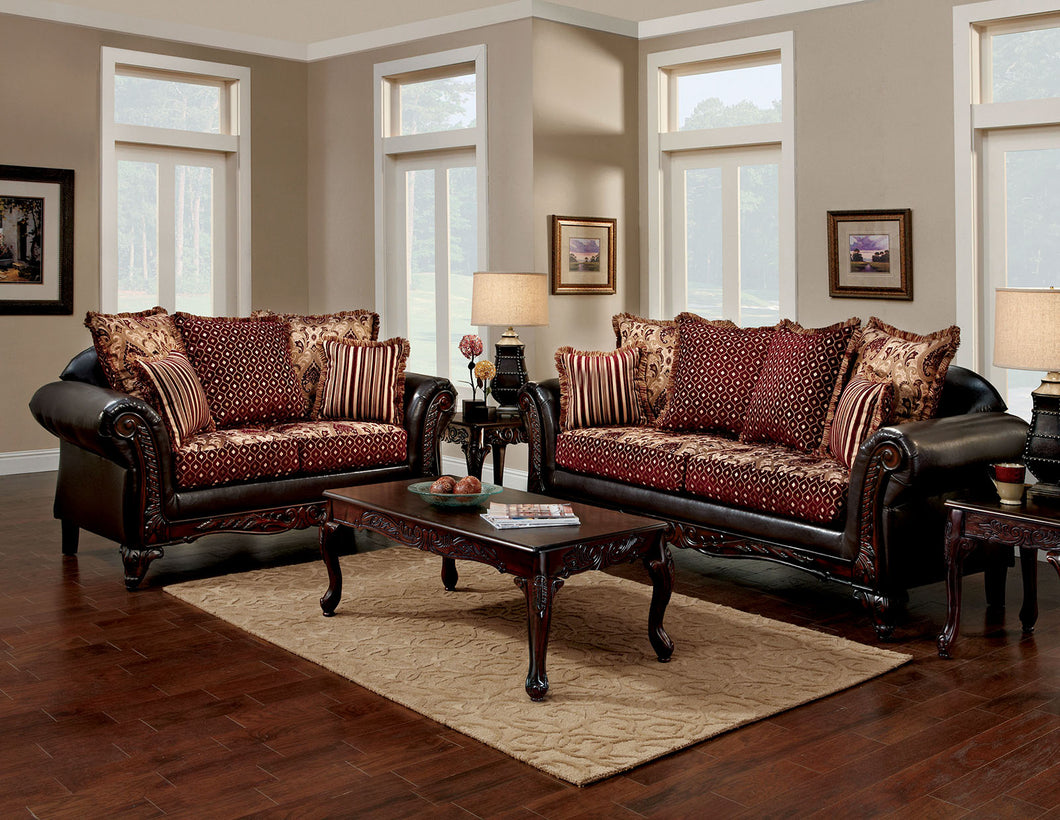 ELLIS Brown, Burgundy Sofa + Love Seat