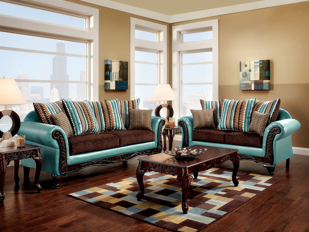 MULLIGAN Dark Brown/Teal/Dark Cherry Sofa + Love Seat